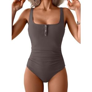 B2prity One Piece Swimsuit for Women Tummy Control Ruched Slimming Bathing Suit Button Full Coverage Swimwear, Size L