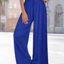 YESNO Women Summer Boho Palazzo Pants High Waist Wide Leg Floral Casual Cotton Lounge Trousers with Pockets L PP0 Solid Royal Blue