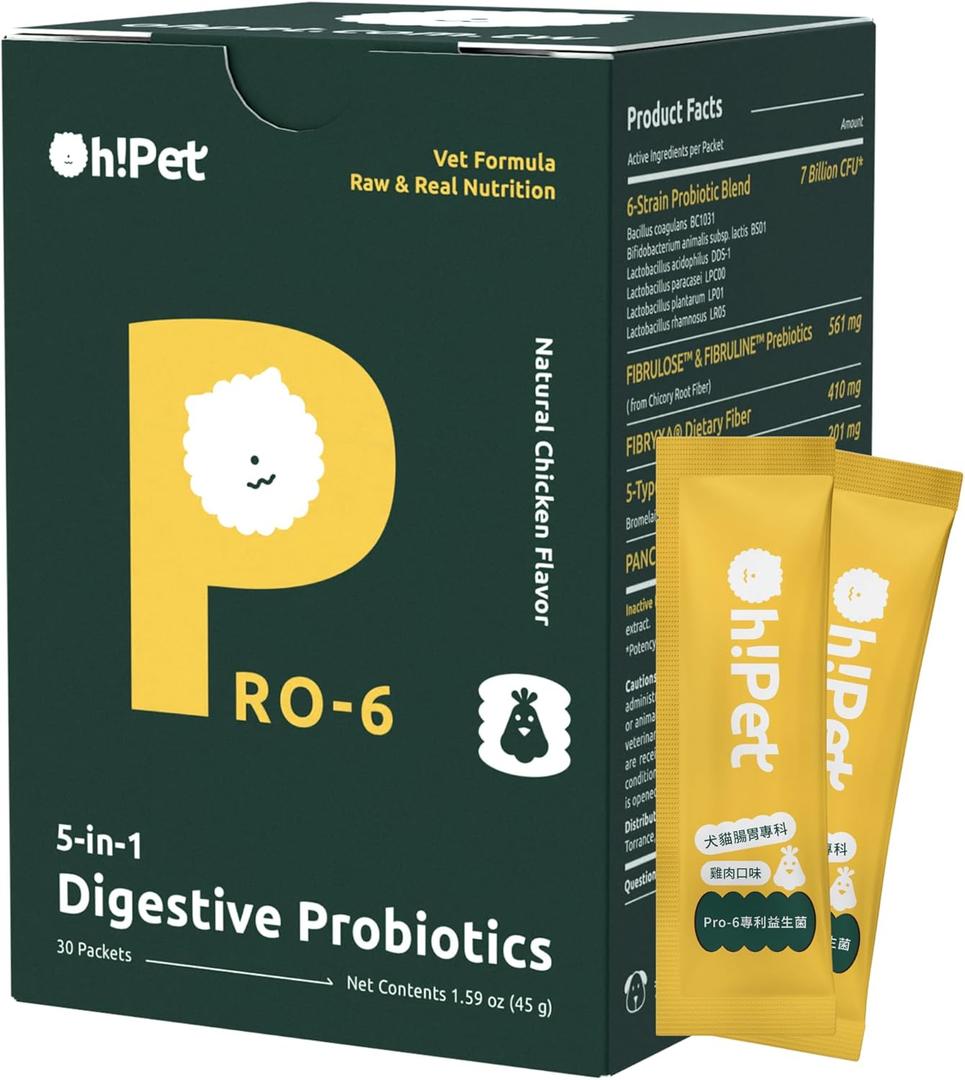 Oh!Pet 5-in-1 Digestive Probiotics  7B CFU Powder for Dogs & Cats with Prebiotics & Enzymes (Chicken, 30 Packets)