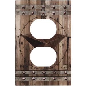 Vintage Cabin Retro Rustic Brown Wood Texas Star 1 Gang Duplex Receptacle Wall Plate Farmhouse Western Kitchen Country Decorative Decorator Light Switch Plug Socket Face Plate Electrical Outlet Cover