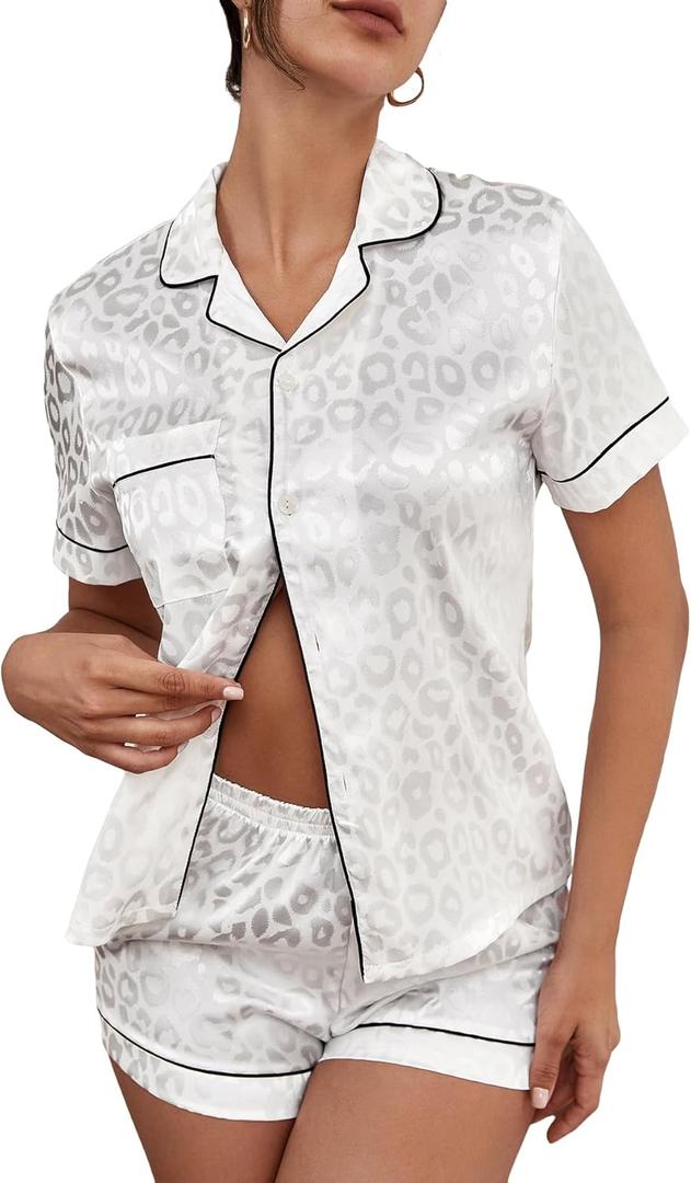 OYOANGLE Women's 2 Piece Satin Pajamas Set Leopard Button Shirt Shorts Set Loungewear (White), M