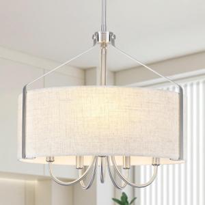 Drum Chandelier for Dining Room, 5-Light Modern Brushed Nickel Chandelier with Linen Shade, 18" Hanging Linen Drum Pendant Ceiling Light Fixture for Entryway, Foyer, Living Room, Kitchen, Bedroom