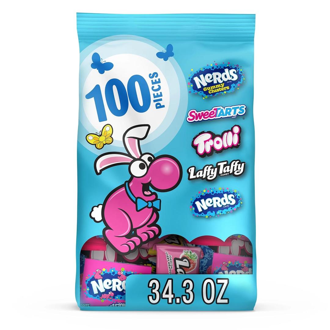 Nerds Easter Core Winners Basket Filler Variety Bag, NERDS Gummy Clusters, SweeTARTS, Trolli, Laffy Taffy, and NERDS Original, 34.3 oz, 100 Count (EXP 06/06/26)