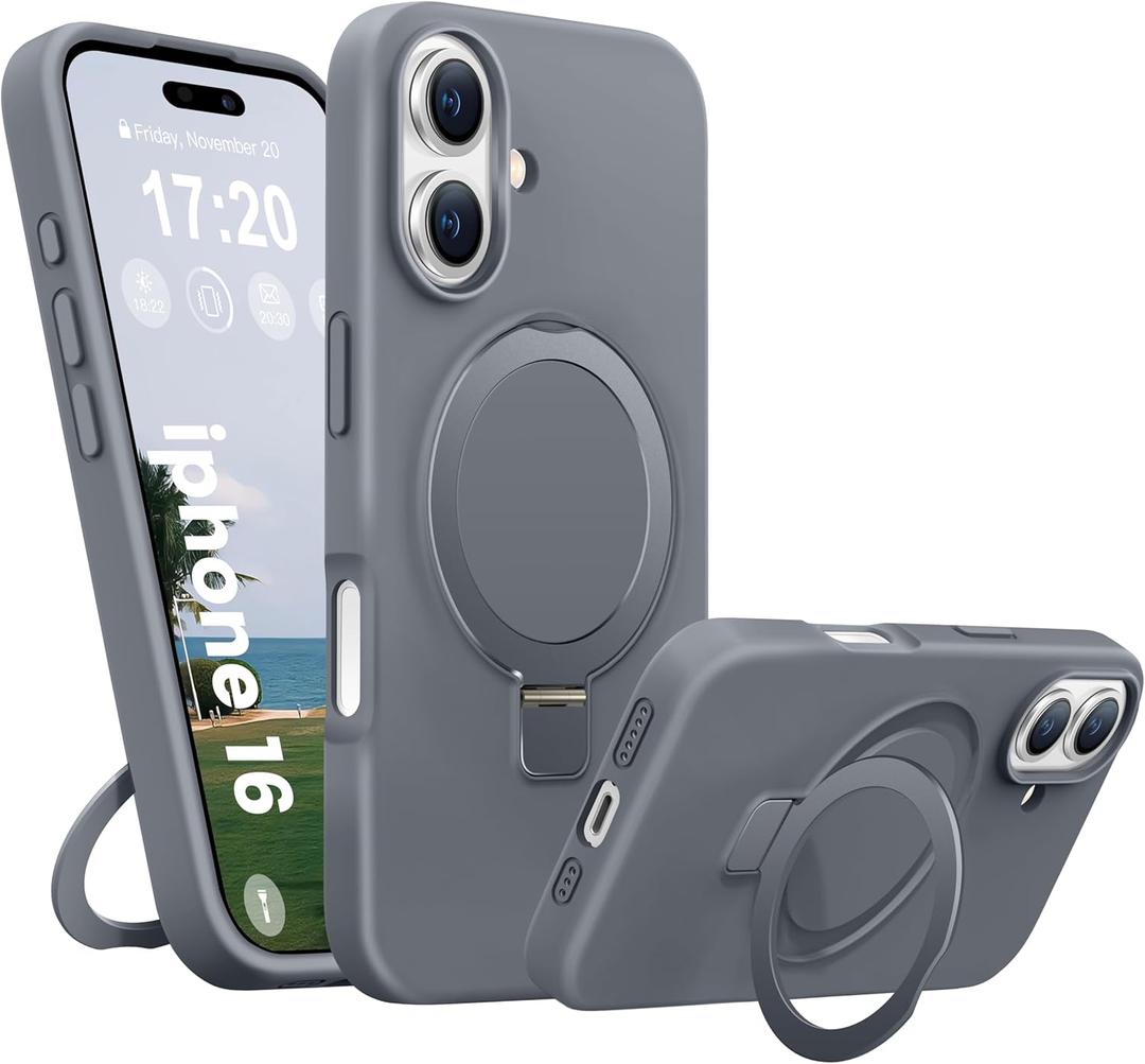 Liquid Silicone Case for iPhone 16 with Magnetic Ring Stand, Military Grade Shockproof Protection, Anti-Scratch Microfiber Lining Covers for iPhone 16, Grey