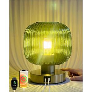 Big Touch Table Lamp,Elegant Green Glass Bedside Lamp 3 Way Dimmable with USB C+A Charging Ports - Bedroom Nightstand & Living Room Essential, 4W Bulb Included (Green)