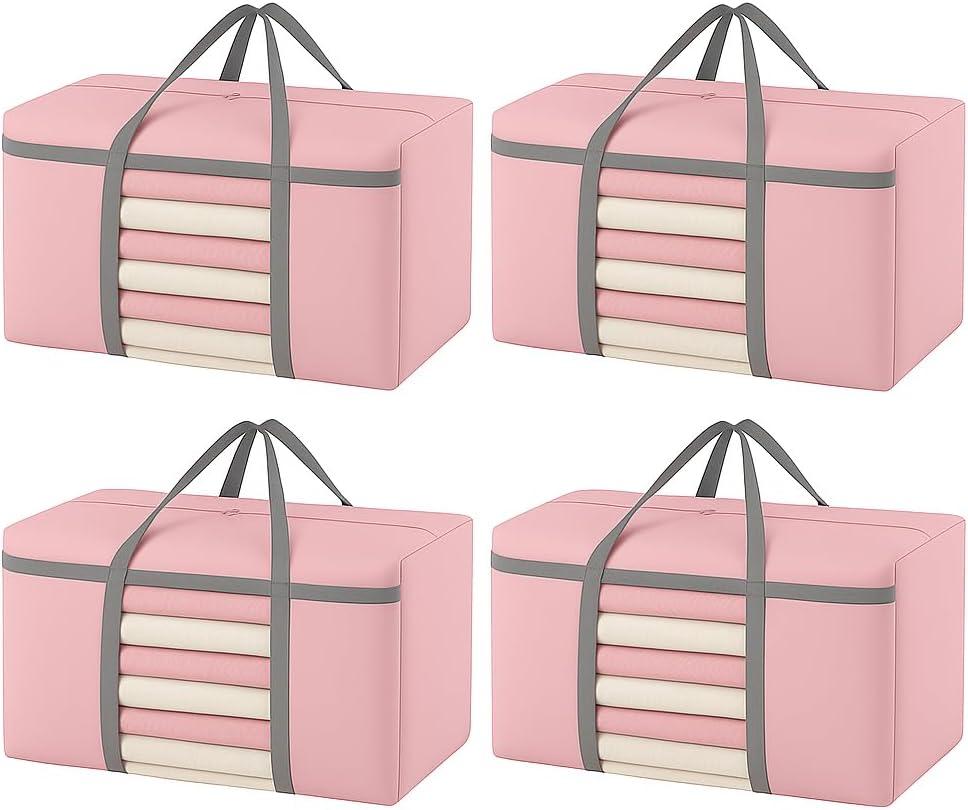 4 Pack Extra Large Moving Bags 90L with Clear Window, Heavy Duty Storage Totes with Zippers & Handles, College Packing Bags for Clothes, Boxes, Camping & Moving Supplies, Pink