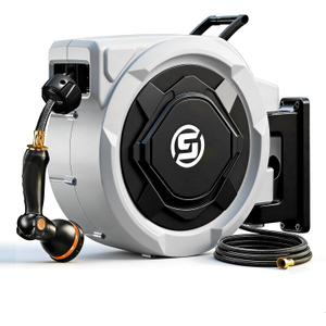 SUNPOW Retractable Garden Hose Reel - 5/8in x 100ft Heavy Duty Wall Mounted Hose Reel with 3/4in Brass Fitting & 10 Function Nozzle - Any Length Lock, Auto Rewind System, 180Swivel Bracket - Gray