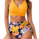 Arolina Womens Bikini Sets V Neck Twist Front Two Piece Swimsuit Adjustable Tie Side Bathing Suit (Large, Yellow Flowers)