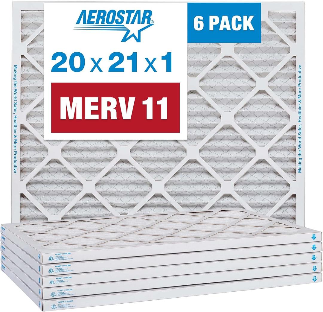 Aerostar 20x21x1 MERV 11 Pleated Air Filter, AC Furnace Air Filter, Pack of 6 (Actual Size: 19 7/8" x 20 7/8" x 3/4")