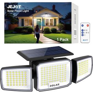 JEJOT Solar Security Light Outdoor,Solar Flood Light with Active Motion Sensor,3 Heads 270° Wide Angle,Remote Control,IP65 Waterproof, 3 Modes (1 Pack)