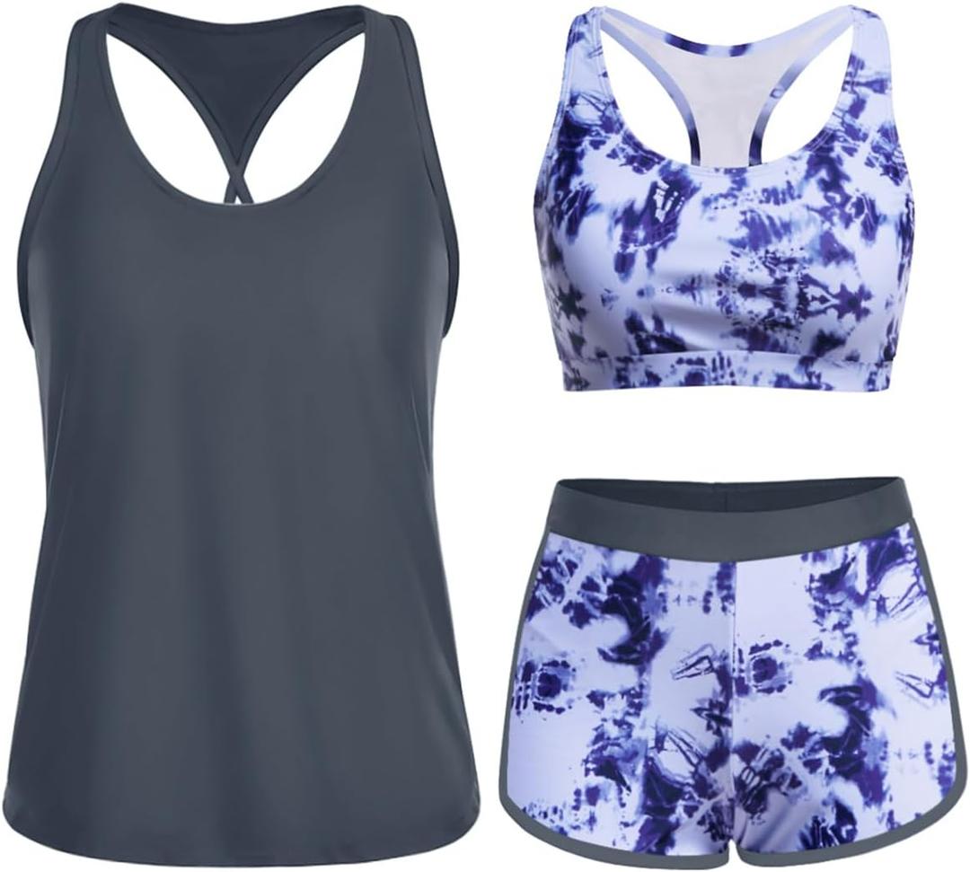 Yonique 3 Piece Athletic Tankini Swimsuits for Women with Shorts Swim Tank Tops with Sports Bra and Boyshorts Bathing Suits (Large, Blue Tie Dye)
