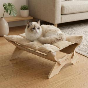 JSPYFITS Elevated Cat Bed Hammock, Raised Orthopedic Dog Bed with Dual-Sided Plush & Linen Cushion, Modern Cat Furniture for Medium to Large Cats, Easy Assembly(Beige)