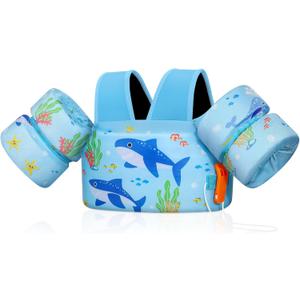 MoKo Toddler Swim Vest for Kids, Swim Arm Floaties 22-66 lbs Boys and Girls Cartoon Swimming Water Wings Pool Float Vests Sleeves Shoulder Straps Arm Band for Children Learn to Swim, Blue Shark