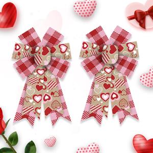 2 Pieces Valentines Bows for Wreath, Valentine's Day Wreath Bows Natural Burlap Bows Heart Craft Bows Ornaments Farmhouse Tree Bows for Front Door Wedding Valentines Decorations