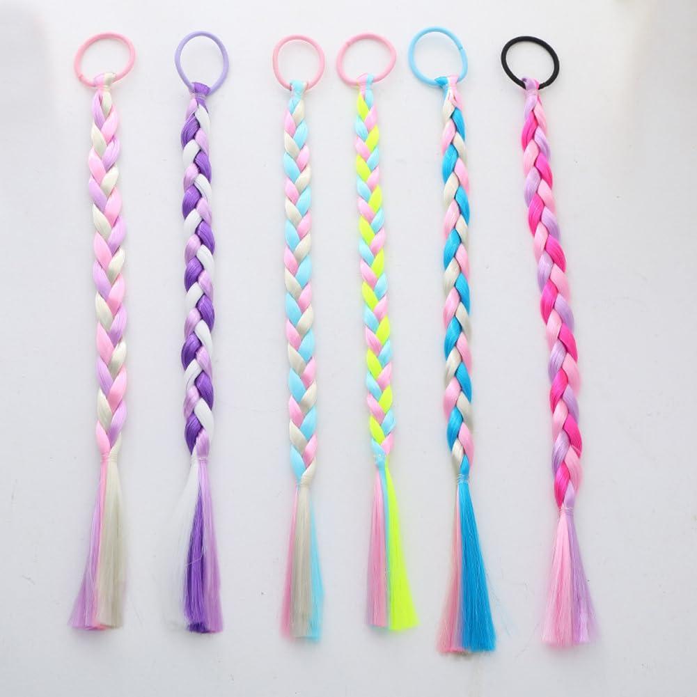 6 Pcs Braided Ponytail Extension, Colored Hair Extensions for Kids, Rainbow Pony Tail Wig Hairpieces Hair Accessories for Girls Gift