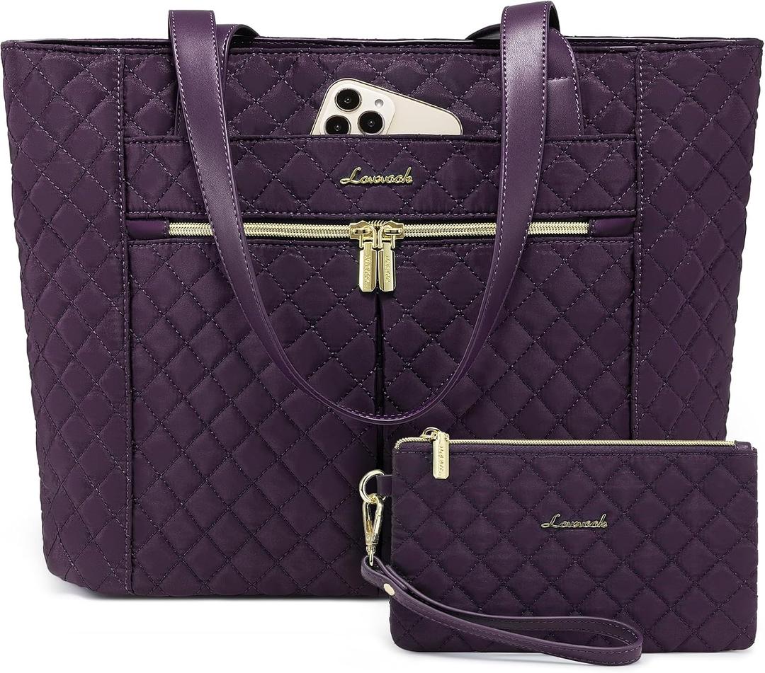 LOVEVOOK Laptop Bag for Women 17 inch,Diamond Quilted Work Tote Bags Womens Laptop Tote Bag Computer Shoulder Bags,Stylish Travel Tote Bags Laptop Purse Briefcase Handbag with Clutch Purse, Purple