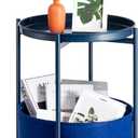 Round Side Table, Blue End Table with Storage Basket, Metal Night Stand with Removable Tray, Small Bedside Table for Living Room, Bedroom, Nursery(Blue)
