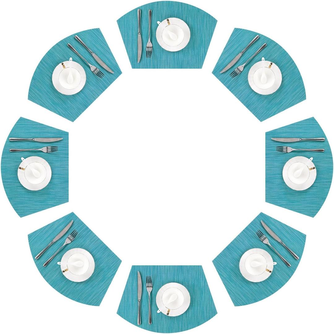 SHACOS Wedge Shape Placemats Set of 8 Woven Vinyl Reversible Placemats for Round Table Curved Place Mats Wipe Clean Non Slip Table Mats Indoor Outdoor, Teal Blue