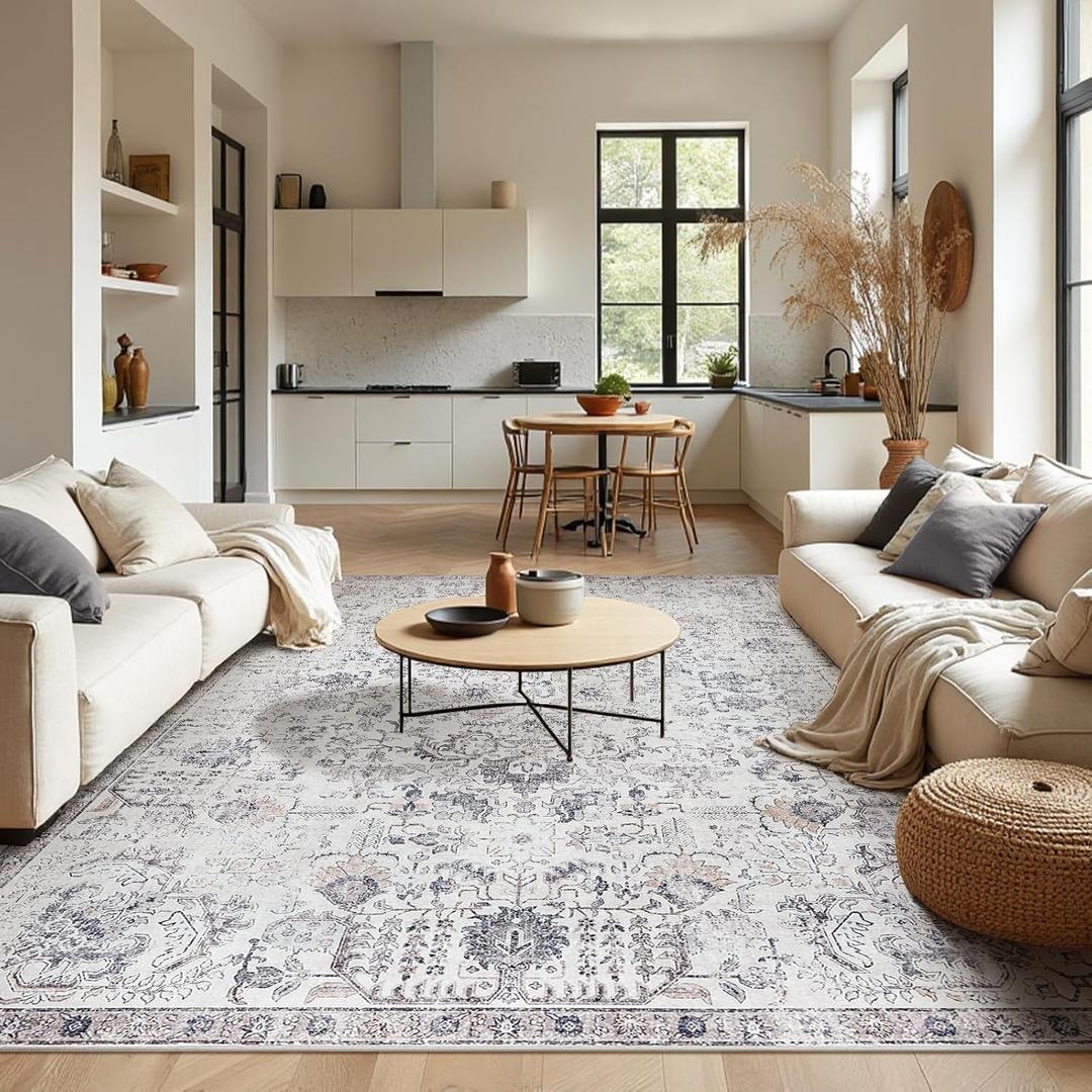 jinchan Area Rug 9x12 Washable Living Room Rug Vintage Indoor Large Floor Cover Retro Accent Mat Distressed Gray Floral Country Boho Non Slip Thin Carpet for Bedroom Kitchen Dining Room Office Grey