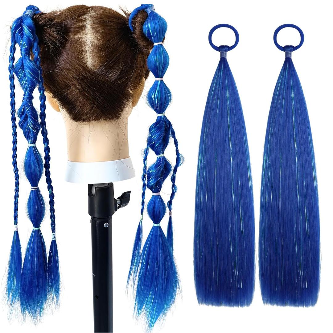 Colored Hair Extensions Royal Blue Ponytail Extension 2 Packs, 20 inch Crazy Hair Day Accessories for Women, DIY Festival Wacky Rave Braids, Tinsel Mixed