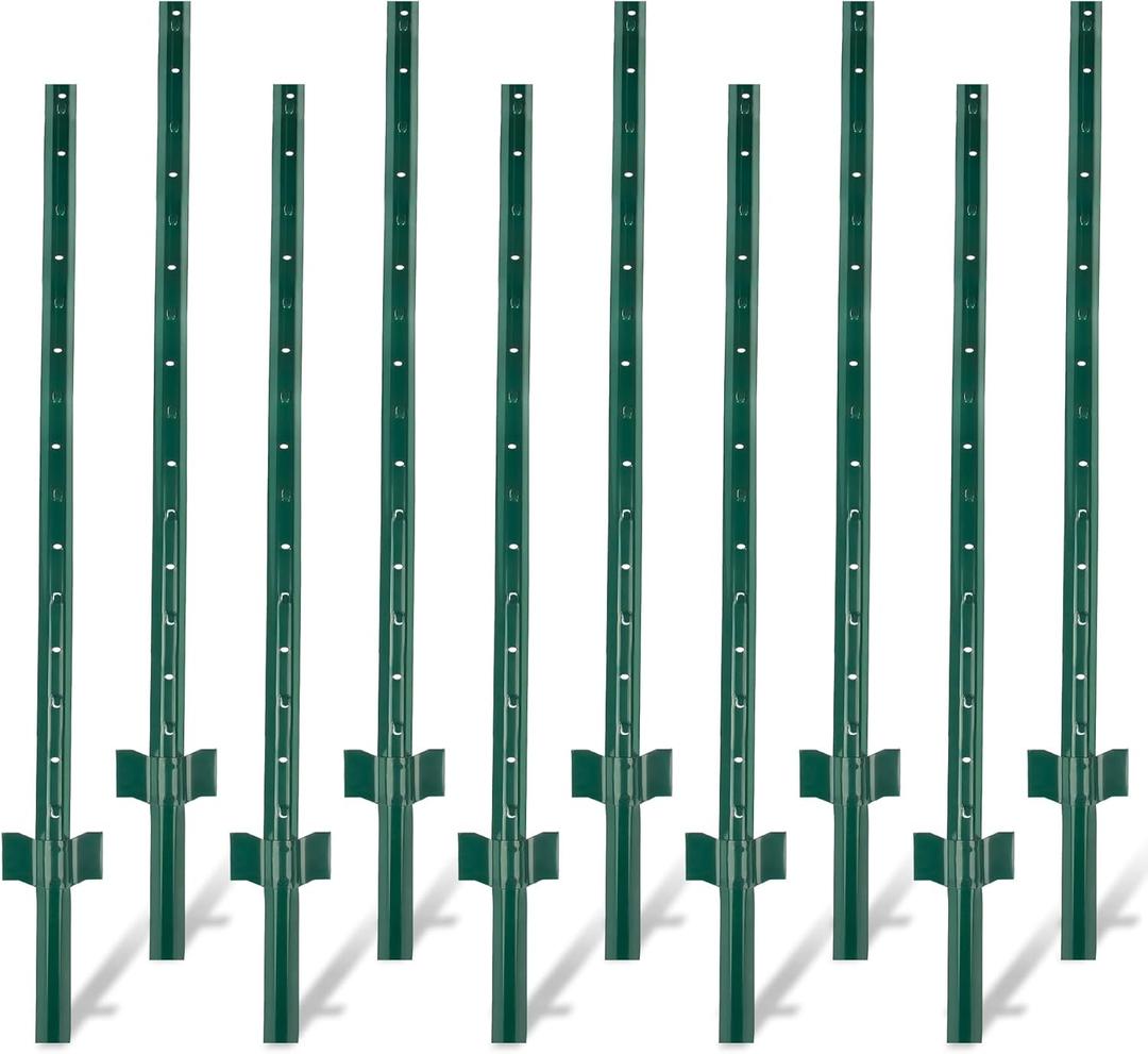 Fence Posts 4.8 Feet - 10 Pack, Heavy Duty Metal Fence Post with U-Channel, Steel Fence U-Post for Holding Garden Wire Fence, Corner Anchor Posts (Green 10 Pack)