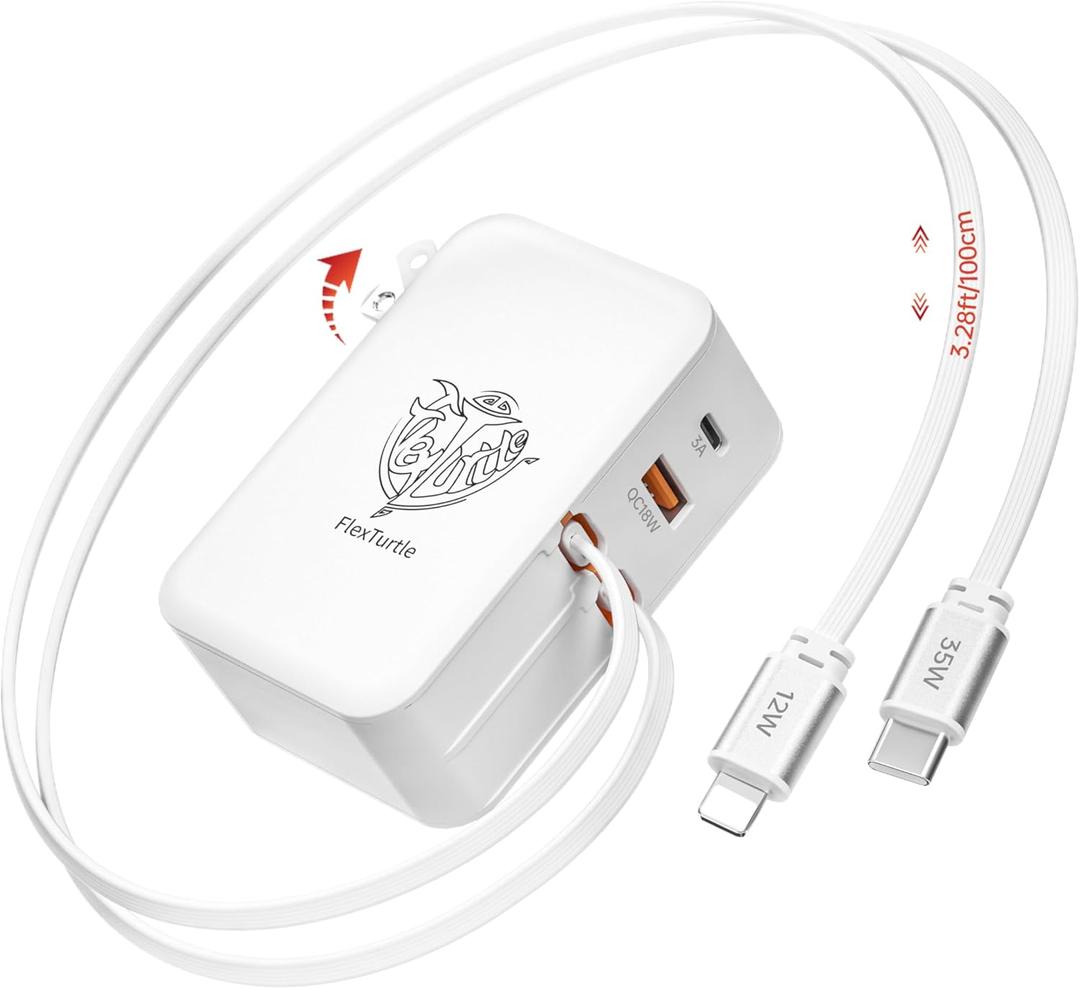 FlexTurtleUltra-Compact4 in 1 Retractable Wall Charger with Dual Cables(3.28ft), Retractable Phone Charger Wall Plug with 2 USB Ports, 35W Retractable Charger for iPhone 17/16/15/14,iPad(Peal White)