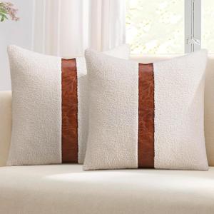 cygnus Teddy Boucle Decorative Throw Pillow Covers 18x18 Inch Faux Leather Striped Contrast Accent Fluffy Faux Fur Sherpa Pillowcase Neutral Boho Farmhouse Decor for Couch Bed Living Room,Cream 2PCS