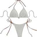 SOLY HUX Bathing Suit for Women Fishnet Halter Triangle String Bikini Set Tie Side Thong Two Piece Swimsuit, L