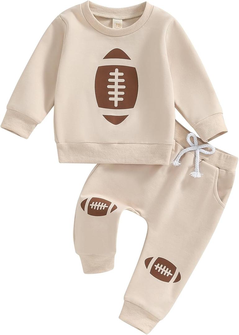 Infant Baby Boy Outfits Football Print Sweatshirt Top with Elastic Pant 2Pcs Toddler Fall Winter Clothes Set (12-18 Months, Khaki)