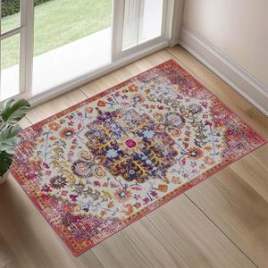 2x3 Washable Area Rug, Low-Profile Entryway Rug with Non-Slip Backing & Durable Edge Binding, Vintage Rug Pattern, Small Rugs for Entryway, Kitchen & Living Room