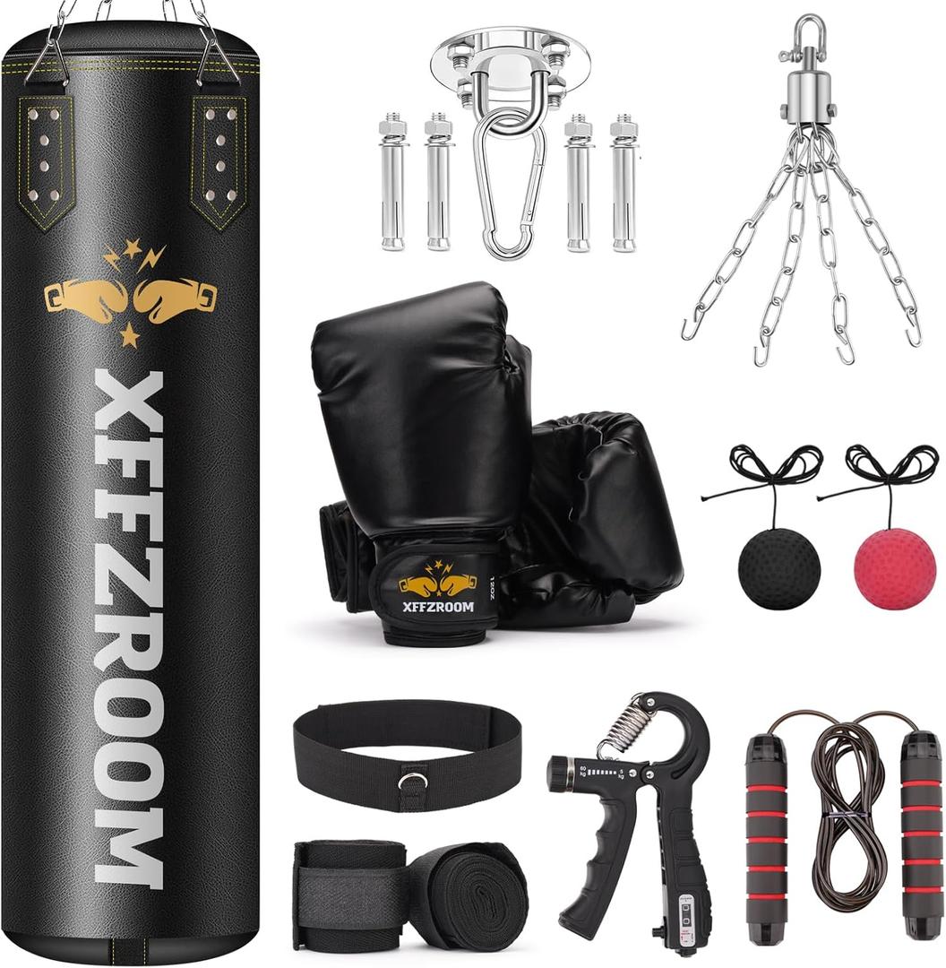 Punching Bag for Adults, 4ft PU Leather 6 in 1 Heavy Boxing Bag Set, Punching Bag with 12oz Boxing Gloves, Hand Wraps, Hanging Bag for MMA Karate Kickboxing Muay Thai Boxing Home - Unfilled