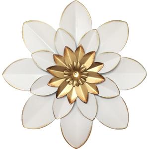 Metal Flower Wall Art Decor, 9.5 Rustic Modern Floral Sculpture, Distressed Iron Wall Hanging Home Decoration Accent Artworks for Indoor Kitchen Bedroom Living Room Office Outdoor Garden Patio (32B-White Gold)