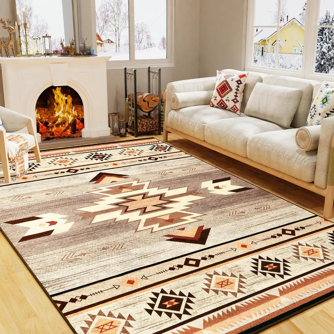Western Rugs for Living Room Bedroom Non Slip, Aesthetic Home Decor for Dining Table Kitchen Porch Nursery, Washable Throw Rugs with Rubber Backing, 3ft x 5ft, Warm Beige