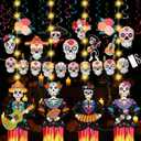 29 Pcs Day of The Dead Decorations Sugar Skull Hanging Swirl Decorations Sugar Skull Banner with LED String Lights for Dia De Los Muertos Fiesta Party Supplies (Fresh)
