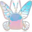 Women's Laser Holographic Backpack Butterfly Angel Wings Casual Daypack Shoulder Bag (Laser Light Blue)