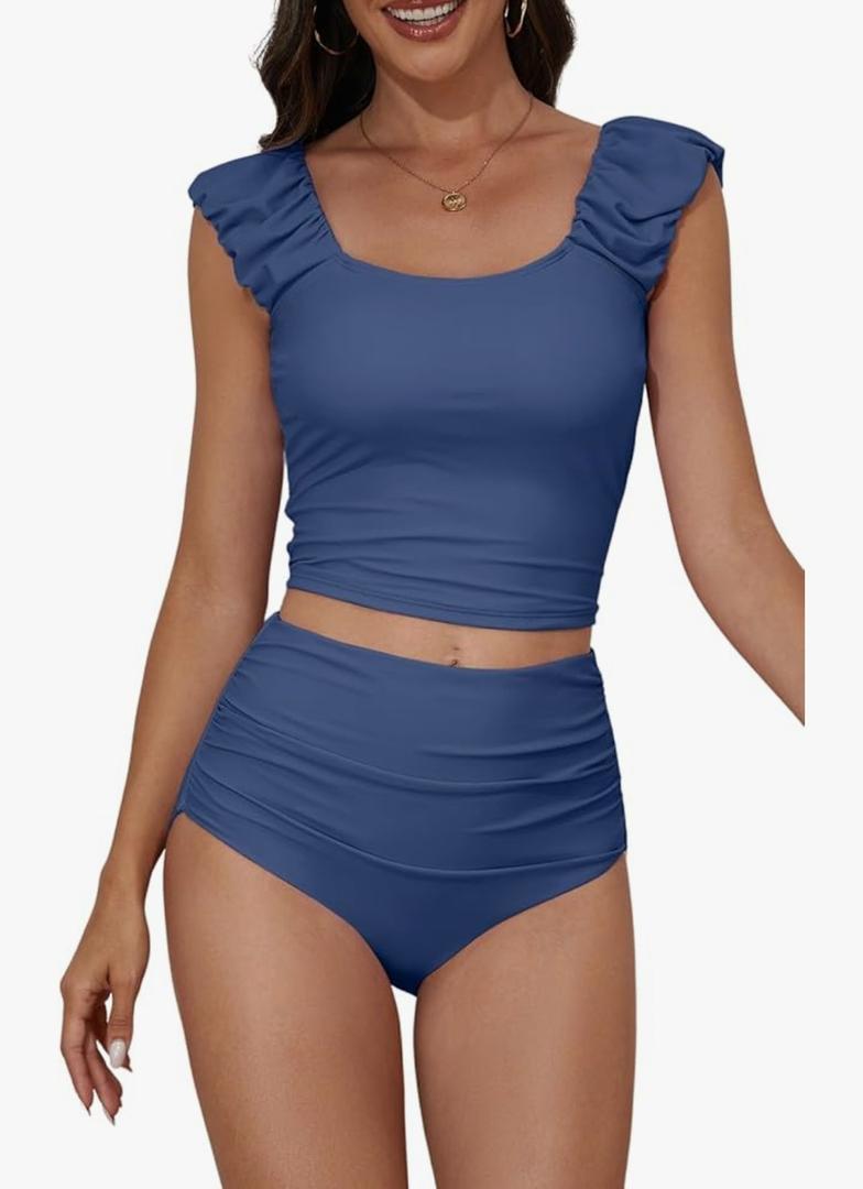 Eomenie Tankini Swimsuits for Women Ruched Tummy Control Bathing Suit Two Piece Swim Tank Top with High Waisted Bottom Large, Blue 