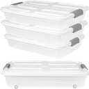 4 PCS*37 Qt Wheeled Latching Under Bed Storage, Stackable Bin with Latch Lid, Plastic Container to Organize Shoes Underbed, Clear with White Lid(White)
