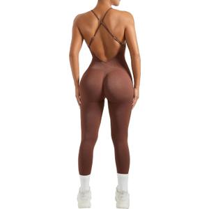 MOOSLOVER Women Strappy Backless One Piece Jumpsuits Tummy Control Padded Workout Rompers (Small, #1 Brown)
