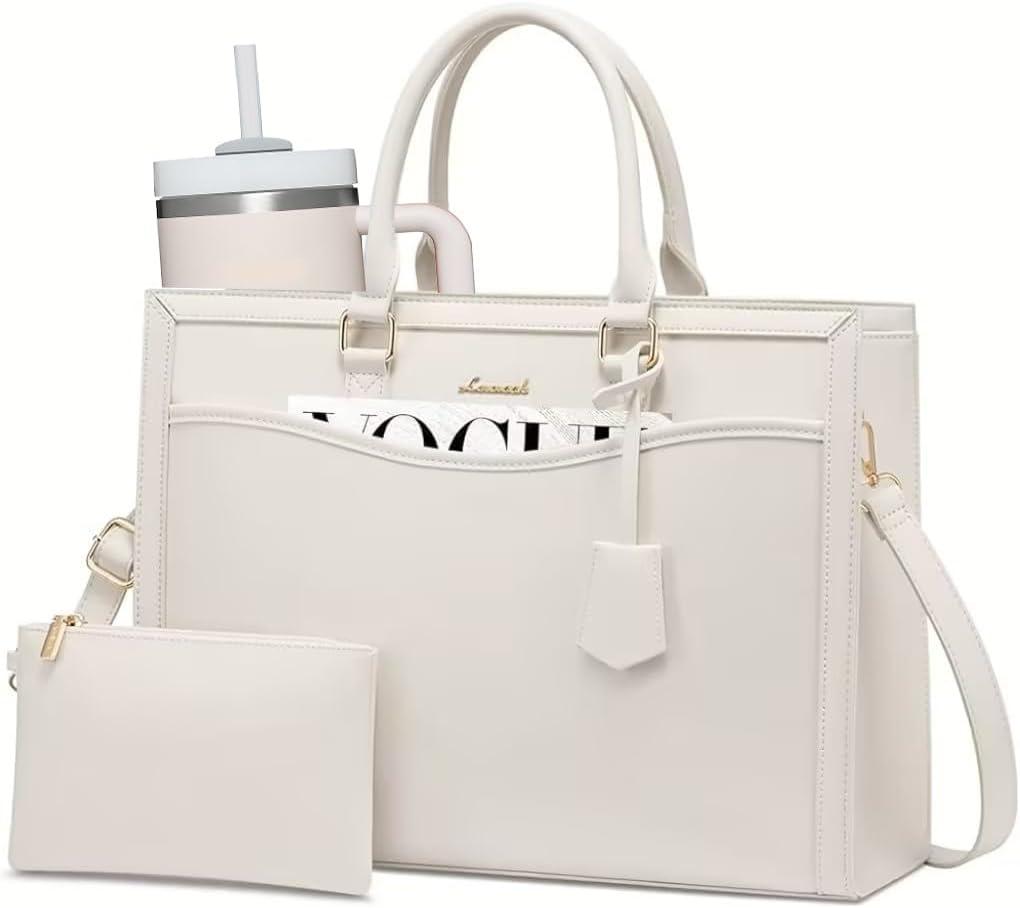 LOVEVOOK Laptop Tote Bag for Women, Office Work Bag Briefcase fit for 15.6 inch Laptop, Large Capacity Teacher Bag Handbag (Leather/Beige)