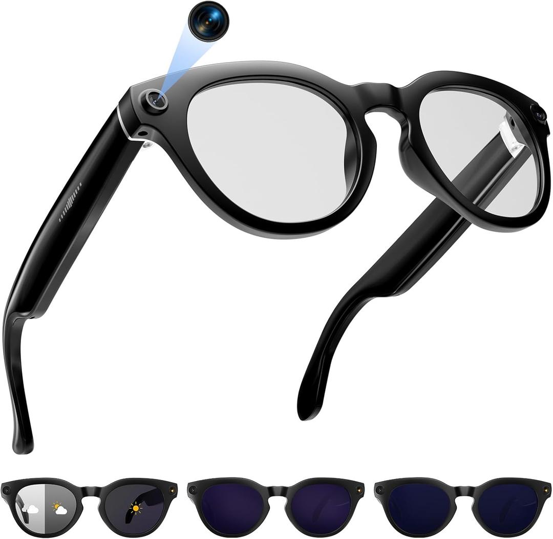 AI Smart Glasses with Camera, 2K Camera Glasses,12MP Video Recording Glasses, Real Time Translation, AI Voice Assistant,Sunglasses with 3 Pack Lenses - Photochromic Lenses,Purple and Blue Lenses (Black)