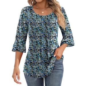 Ficerd Women's 3/4 Bell Sleeve Tops Crew Neck Pleated Shirts Trendy Dressy Casual Loose Fit Tunic Blouses (XX-Large, Blue Floral)