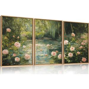 Aryroi Water Lilies Monet Framed Canvas Wall Art Set,Garden Pond Impressionist Floral Wall Decor,Vintage Oil Green Vibrant Flower Botanical Artwork for Living Room, Bedroom,Farmhouse- 16"x24"x3