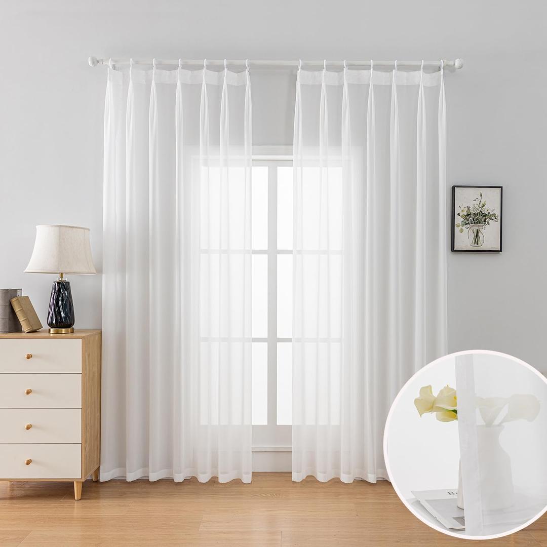 Off White Pinch Pleated Sheer Curtains 96 Inches Long Lightweight Light Filtering Curtain Pinch Pleat Farmhouse Chiffon Sheer Curtains for Living Room, 52 inch Width x 96 inch Length,2 Panels