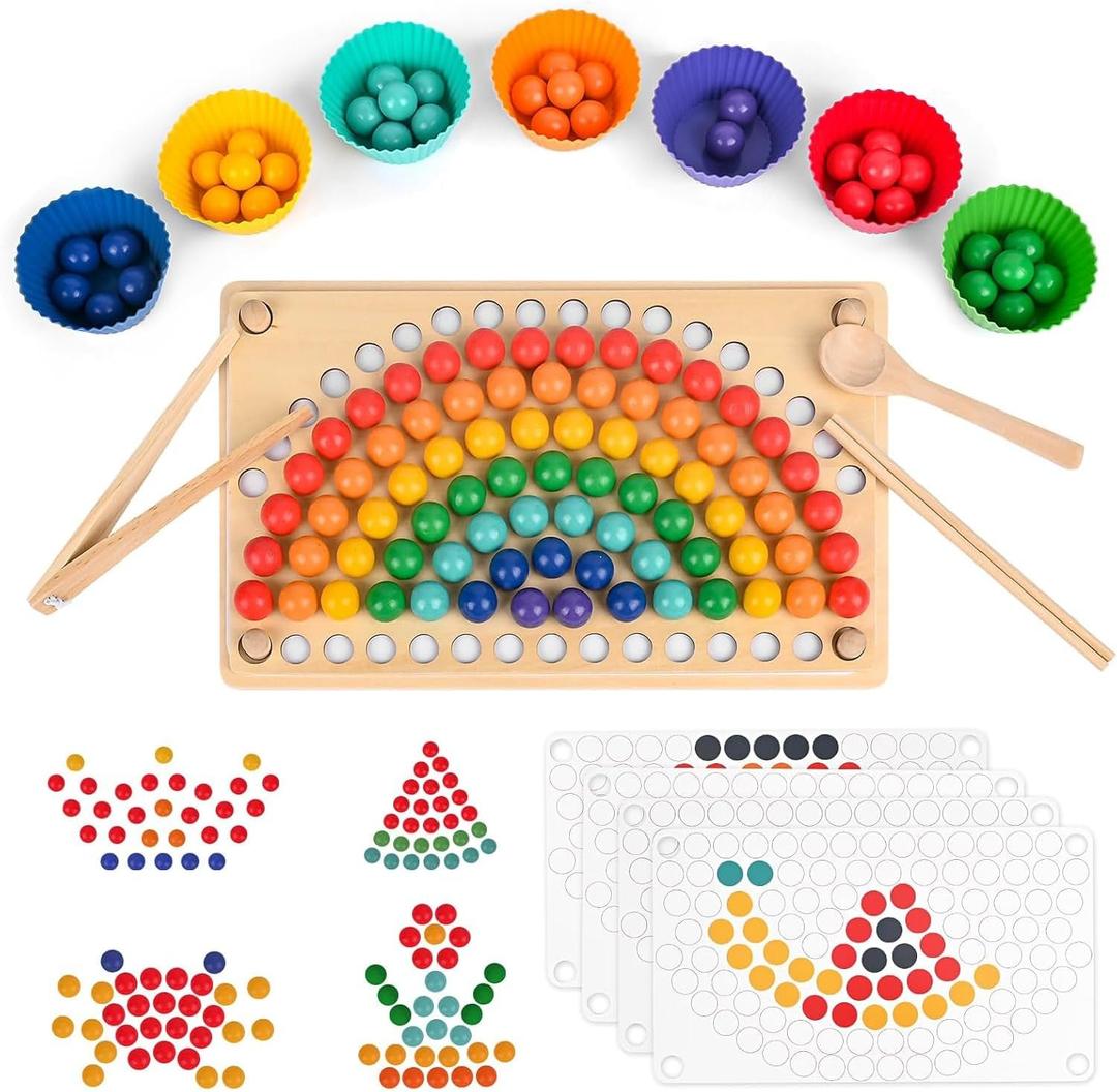AISA Toddler Wooden Learning Montessori Toys for 4 Year Old  Wooden peg Board Bead Game Baby Rainbow Stacking Matching Counting Color Sorting Games for fine Motor Math Skills Boys and Girls