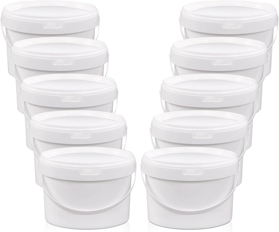 10 Pack White Plastic Bucket with Handle and Lid Food Storage Bucket Containers All Purpose Pail for Multipurpose Paint Water Art Crafts Projects Garage Organization (1 Gallon White)