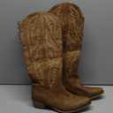Atuelang Cowgirl Boots Wide Calf Western Cowboy Boots for Women Embroidered Pointed Toe Block Heel Pull-On Back Lace Up Adjustable Fancy Tall Knee High Boots Brown Size 9