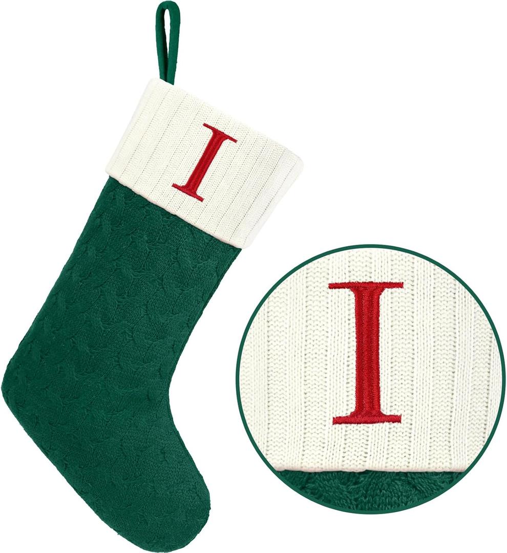 Christmas Stockings with Initials,20 Inches Large Knit Embroidered Letter Green White Christmas Stocking,Monogram Christmas Stocking for Famliy Holiday and Xmas Tree Fireplace (Letter I)