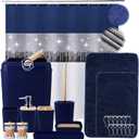 24PCS Bathroom Sets with Shower Curtain and Rugs, Navy Blue Bathroom Accessories Set Navy Blue Shower Curtain Set Bathroom Accessories with Bathroom Trash Can