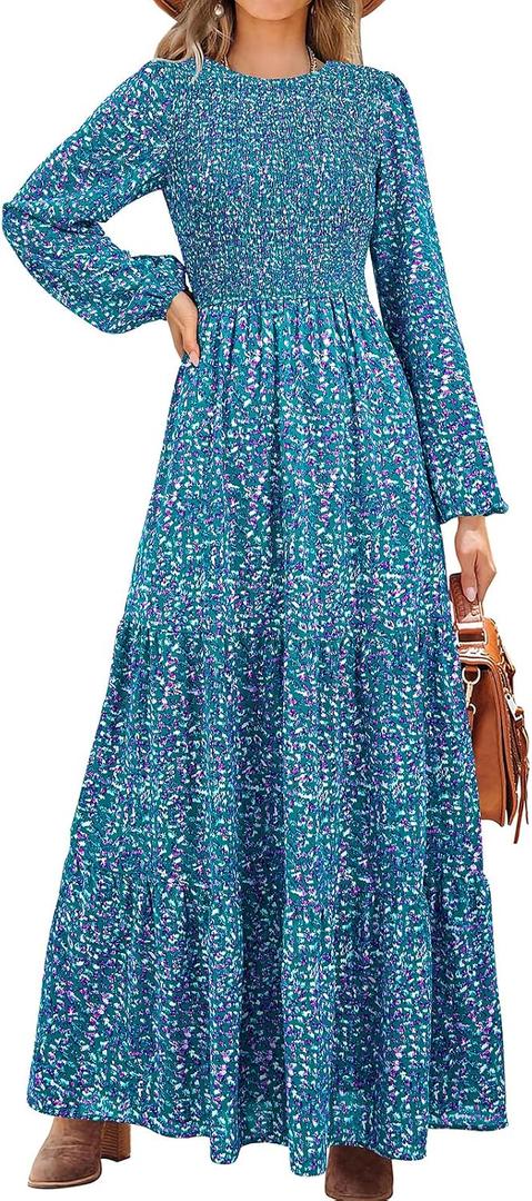 PRETTYGARDEN Women's Fall Dresses 2026 Long Sleeve Flowy Casual Floral Maxi Dress Crew Neck Smocked Tiered Long Dress (Blue, M)