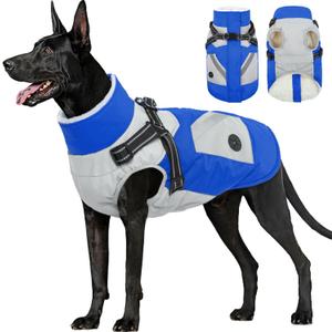 FUAMEY Dog Winter Jackets for Large Dogs,Dog Coat with Harness Built in,Waterproof Dogs Snowsuits Warm Pet Jacket Zip Up Fleece Cold Weather Coats Reflective Puppy Vest with Pocket Blue 2XL (XX-Large(chest:35in))